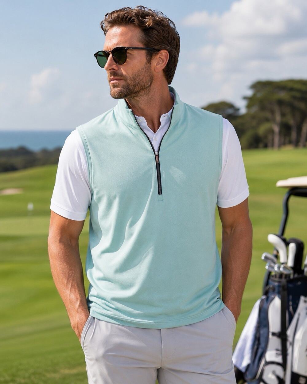 Greyson Mens L Siasconset Golf Performance Vest Teal 1/4 Zip Stand Collar